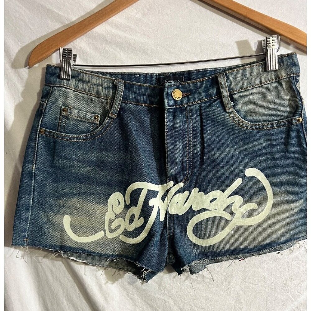 Ed Hardy Jean Women's Denim shorts Signature Logo Cut Off Raw Hem Tiger Sz L  B6
